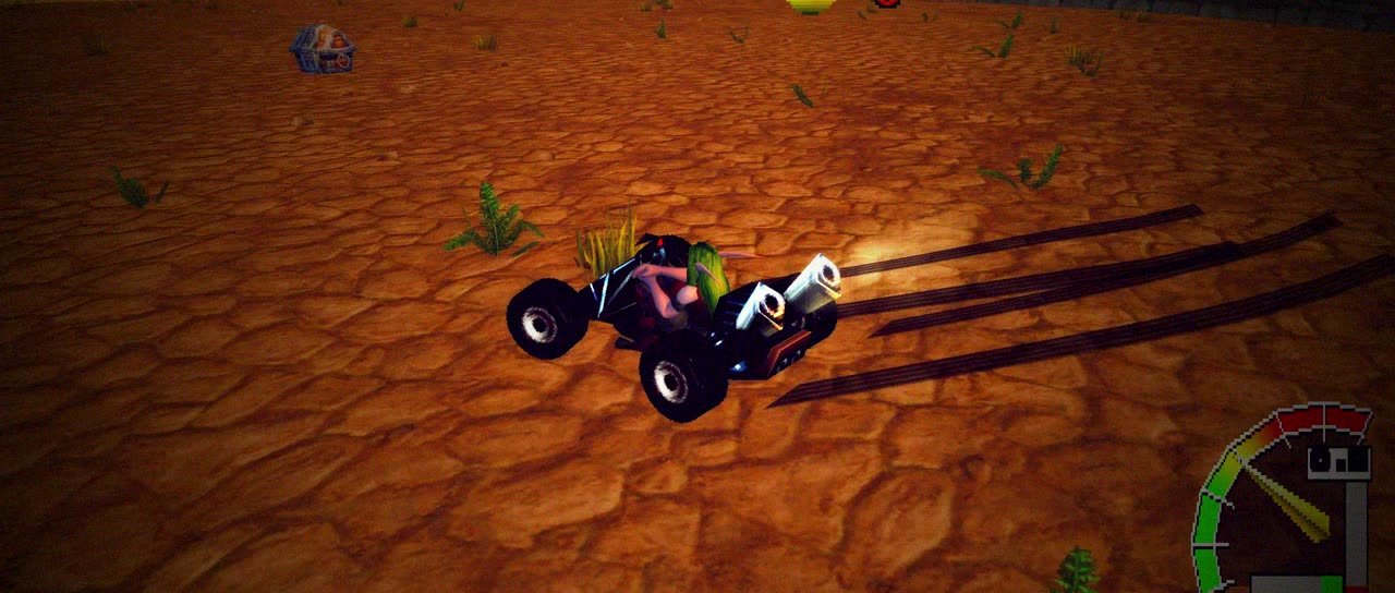 A kart powersliding through long grass, skid marks behind it