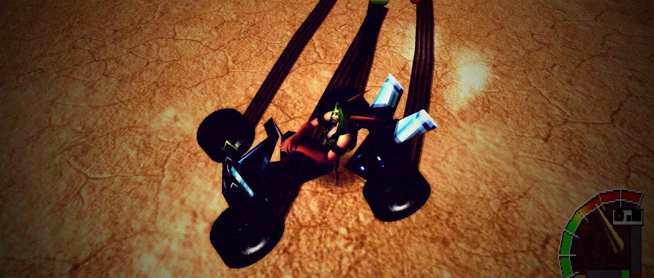 A kart from above, skid marks curving behind it